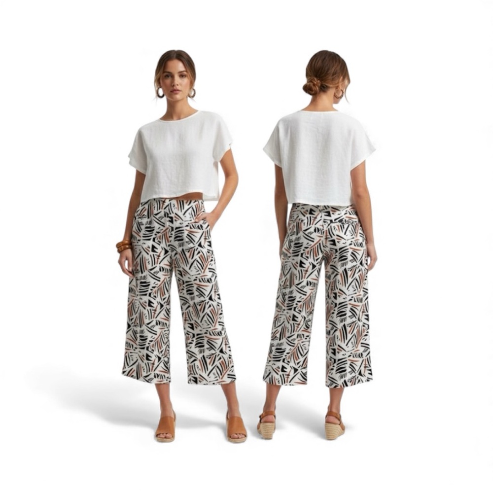 Mi Ami francesca's NEW Abstract Geo Palm Leaf Wide Leg Linen Blend Pants : L